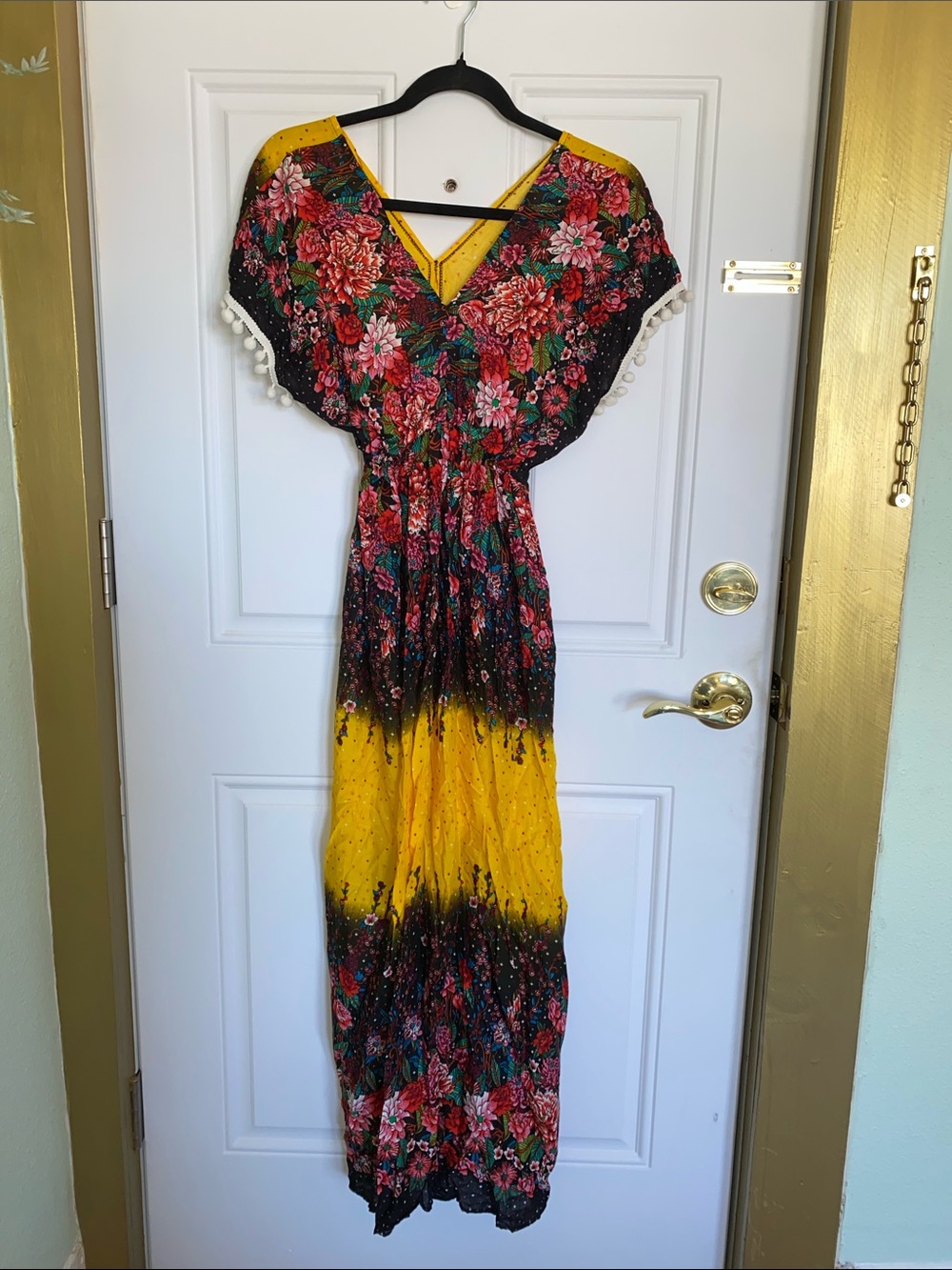 Floral Pink and Yellow Mexican Maxi Dress with Pom-Pom Trim